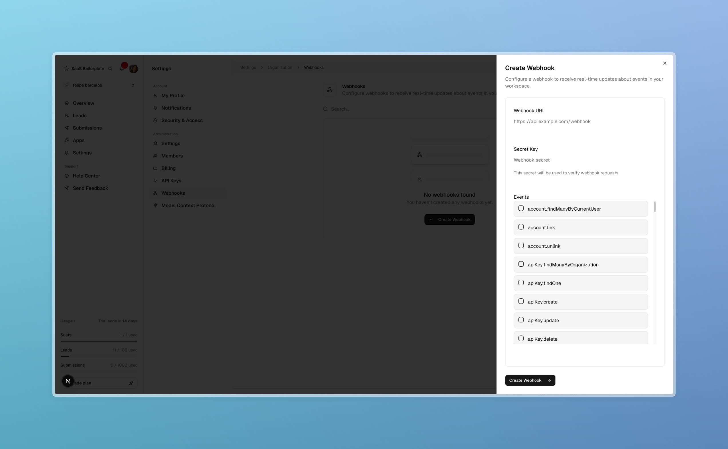 API Keys page showing API key management tools and existing keys.
