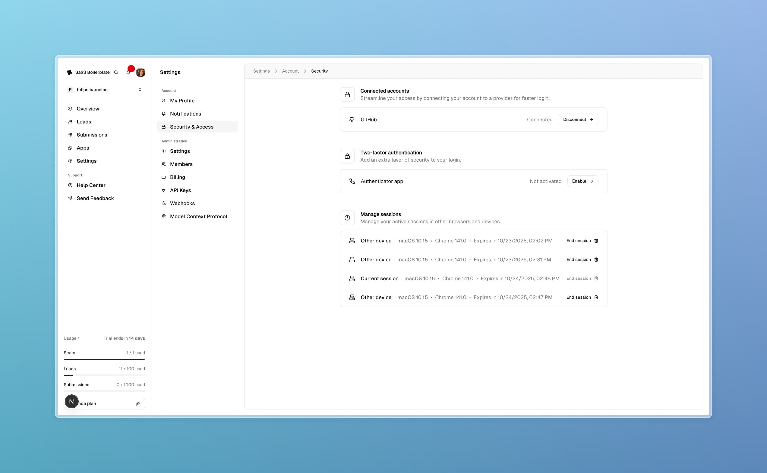 Security & Access page showing security settings and session management.